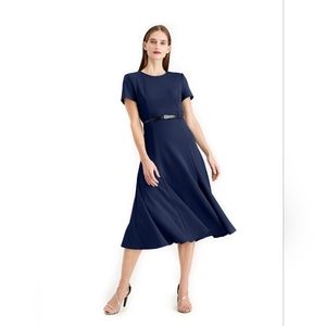 Calvin Klein scuba crepe fit flare A line belted dress 16 NWOT navy short sleeve